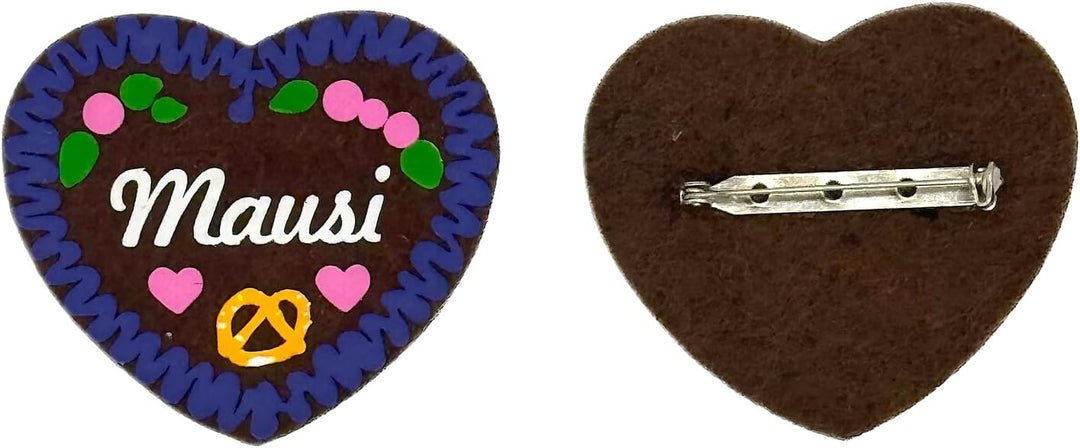 4er-Set Filzherz Anstecker MAUSI im Lebkuchenherz-Design (7 x 6,5 cm) - Oktoberfest Volksfest Wiesn