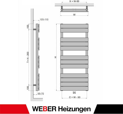 WEBER Badheizkörper Mittelanschluss Design Handtuchheizkörper Handtuchwärmer NEU in ver. Grössen (50