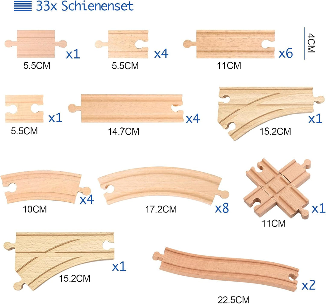 33pcs Holzeisenbahn Schienen | Mit S-Schiene, Kreuzung, Weichen | Kompatibel mit Eisenbahn Marken |