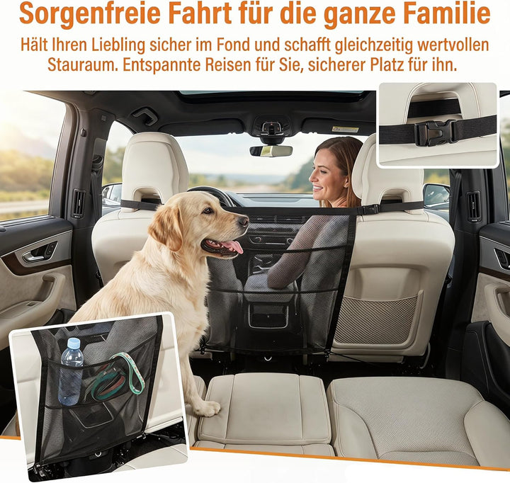 Hundegitter Auto Mit Aufbewahrungstaschen Trennnetz Hund - Hundenetz für Vordersitz, Sicherheitsbarr