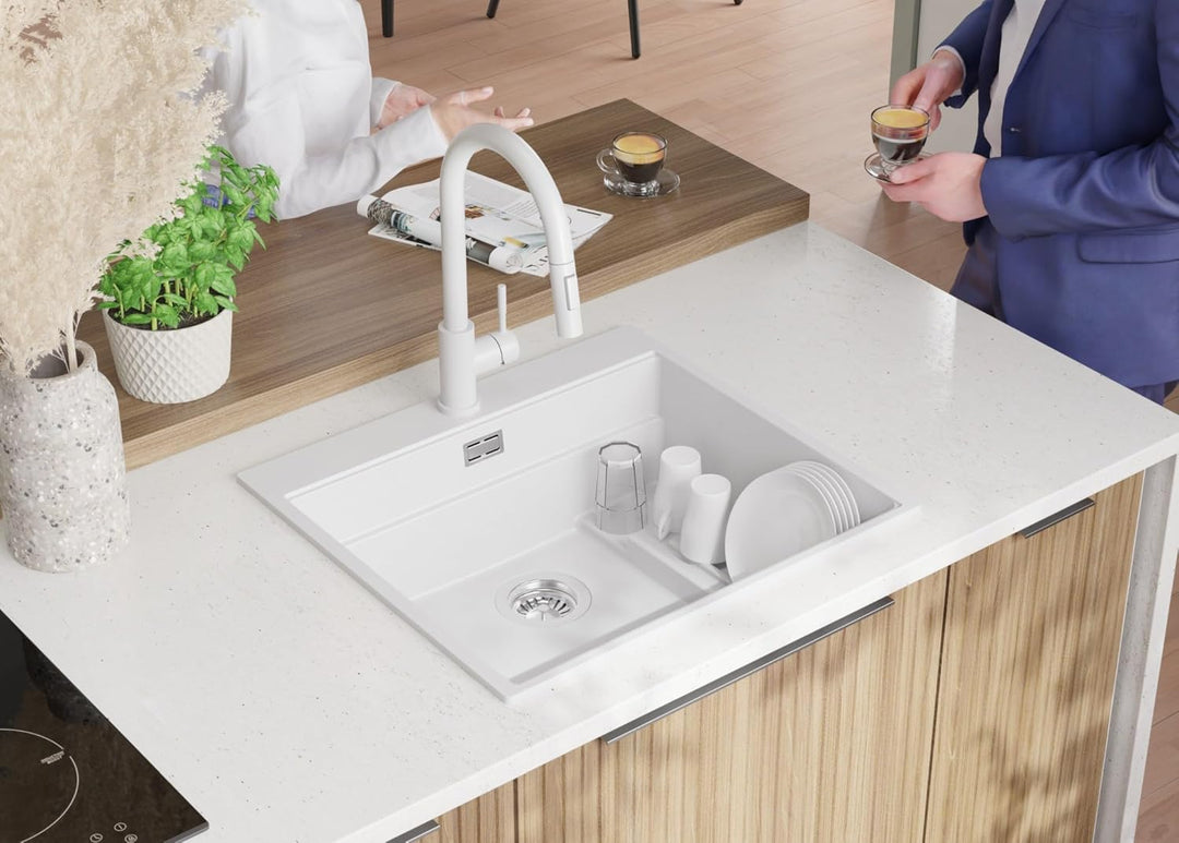PRIMAGRAN Spülbecken Weiss 58x53cm, Granitspüle 1 Becken + Ablauf-Set, Küchenspüle ab 60er Unterschr
