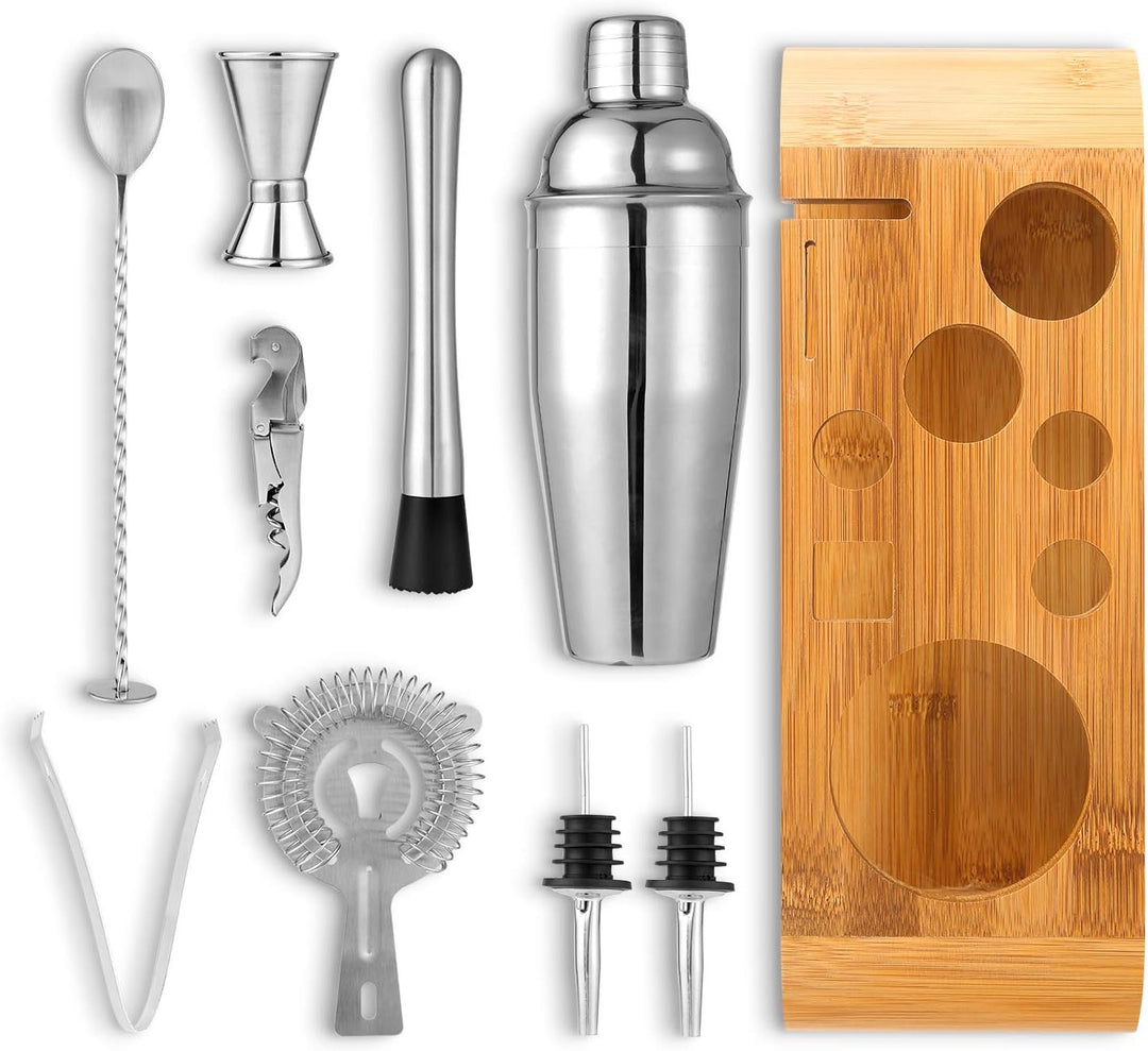 Hochwertiges Cocktailshaker Set, Cocktailmixer Set, 10 Teileig, aus Edelstahl, mit Bambus-Aufbewahru