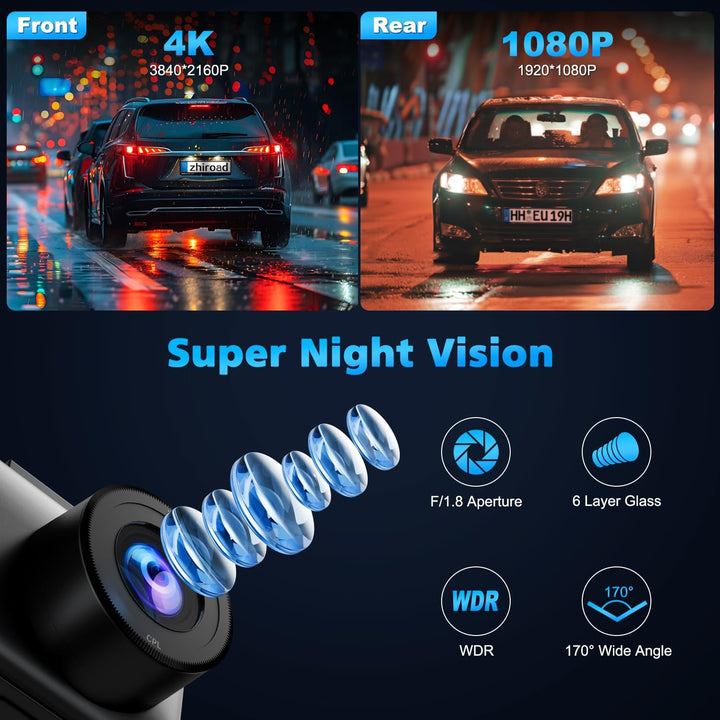 Dashcam Auto Vorne Hinten mit CPL Filter, 4K+1080P WiFi AutoKamera mit 64G SD Karte, 3" IPS-Bildschi