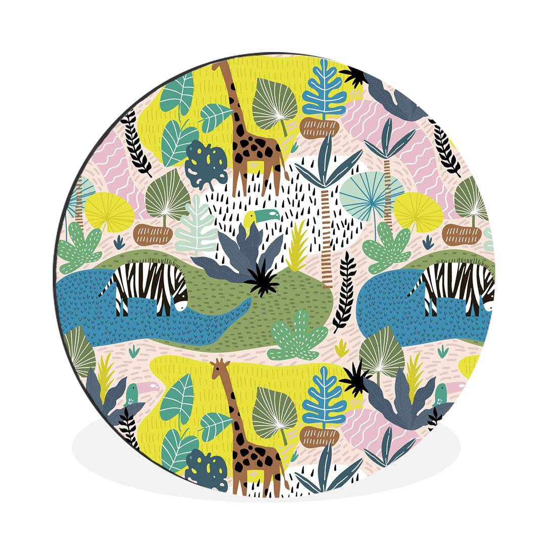 MuchoWow Wandbild Rund Wanddeko Deko Wohnzimmer Bilder 30x30 cm Dschungel - Tiere - Pflanzen - Farbe