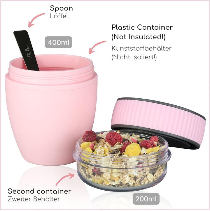 Milu Müslibecher to go 400ml MüsliMax Plastik Joghurtbecher für Müsli I auslaufsicherer Becher mit L