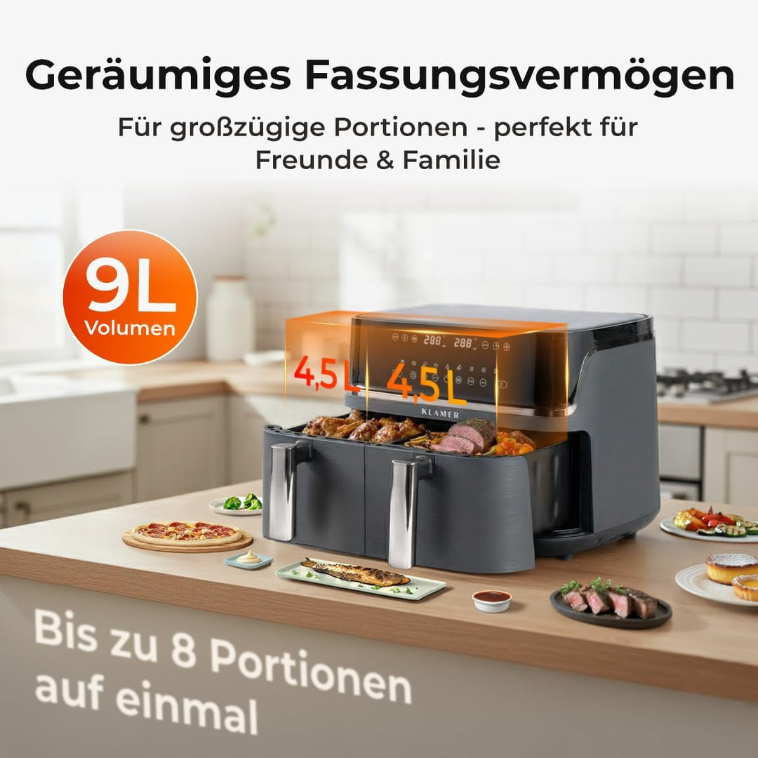 KLAMER Heissluftfritteuse Duo 9 L – Doppelkammer Airfryer mit 2 Körben & Digitaldisplay, 10 Automati