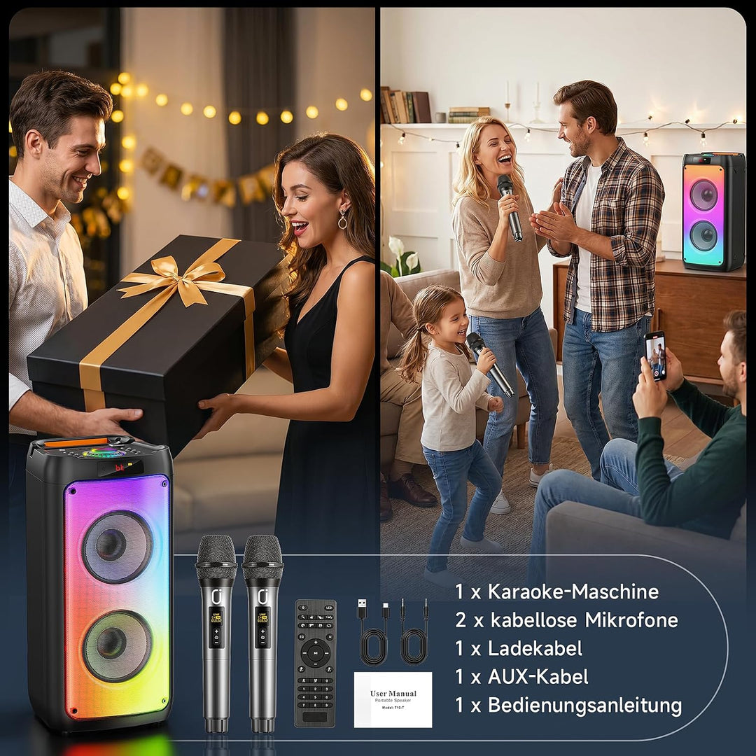 HWWR Karaoke Maschine mit 2 drahtlosen Mikrofonen tragbarem Bluetooth-Lautsprecher RGB-Licht, Schwar