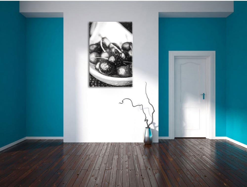 Pixxprint Frische Kirschen in Schlüssel Kohle Zeichnung Effekt, Format: 100x70 auf Leinwand, XXL rie
