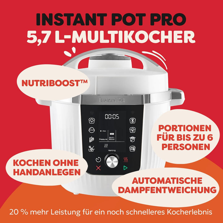 Instant Pot Pro 10-in-1-Multikocher 5,7 l – Weiss, Schnellkochtopf, Schongarer, Reiskocher, Sauteuse