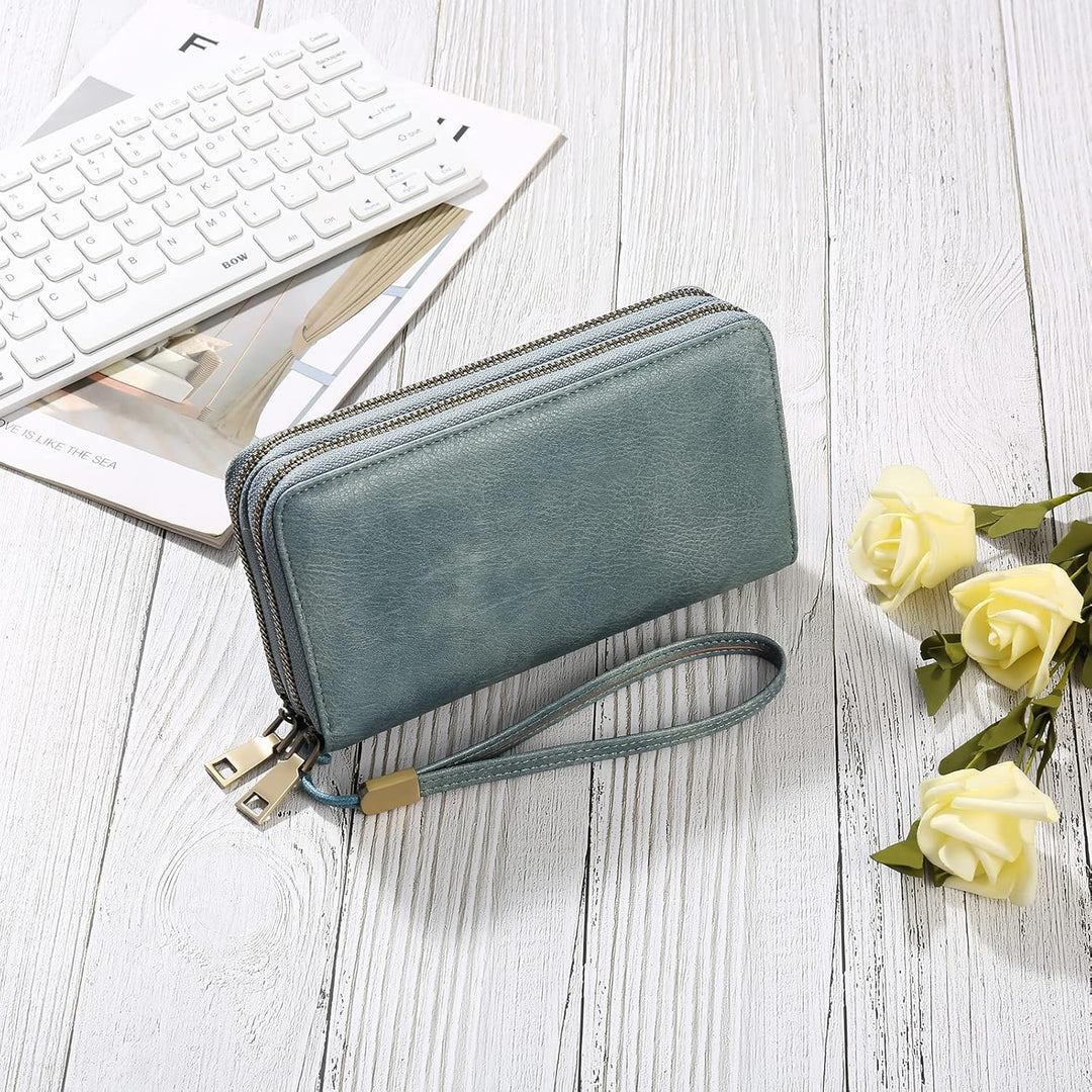 GAEKEAO Geldbörse Damen Gross, Portemonnaie Damen Veganes Leder Doppel Reissverschluss Kreditkartene