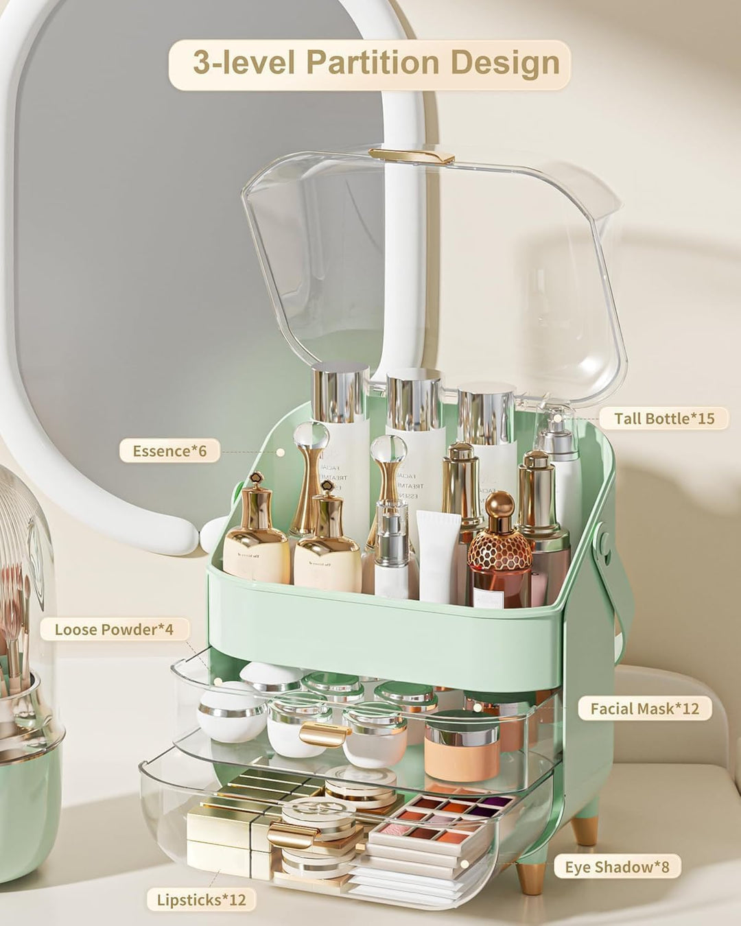Make-up-Organizer für Schminktisch, Hautpflege-Organizer mit Deckel und Schubladen, staubdicht, wass