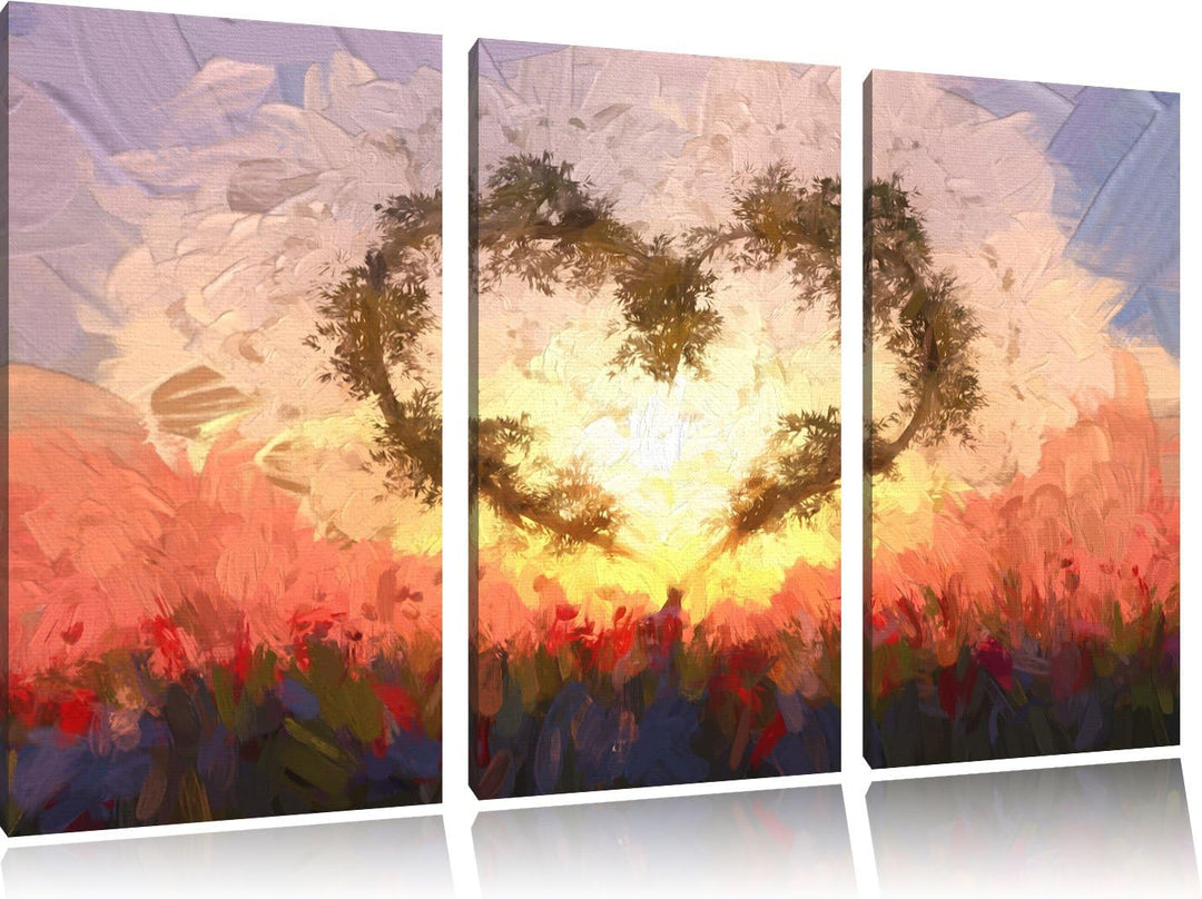 Pixxprint Herz aus Bambus Kunst / 3-Teilig/Gesamtmass 120cm Leinwandbild bespannt auf Holzrahmen/Wan