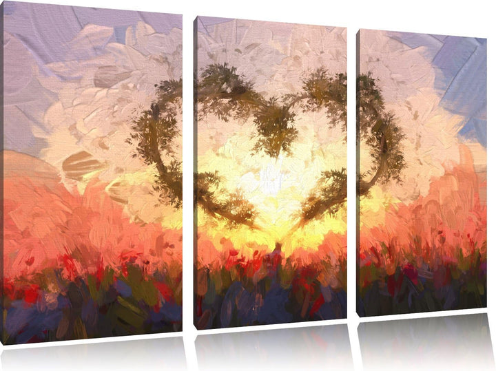 Pixxprint Herz aus Bambus Kunst / 3-Teilig/Gesamtmass 120cm Leinwandbild bespannt auf Holzrahmen/Wan