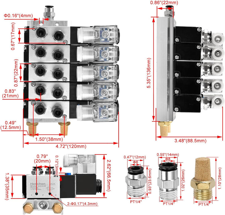 Heschen Elektrisches pneumatisches 5 Magnetventil, 4V210-08, AC220V, PT1/4, 5 Wege 2 Positionen, Krü