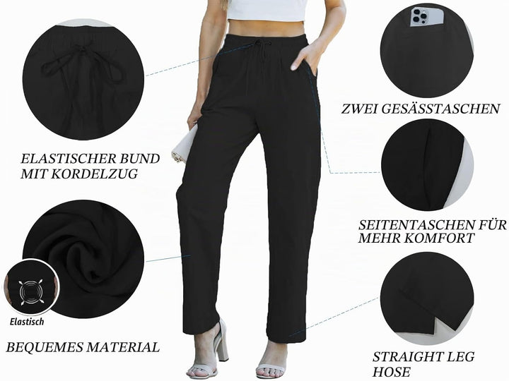 HVEPUO Hosen Damen Sommerhose Damen Leicht High Waist Hose Baumwollhose Freizeithose XS B-schwarz, X