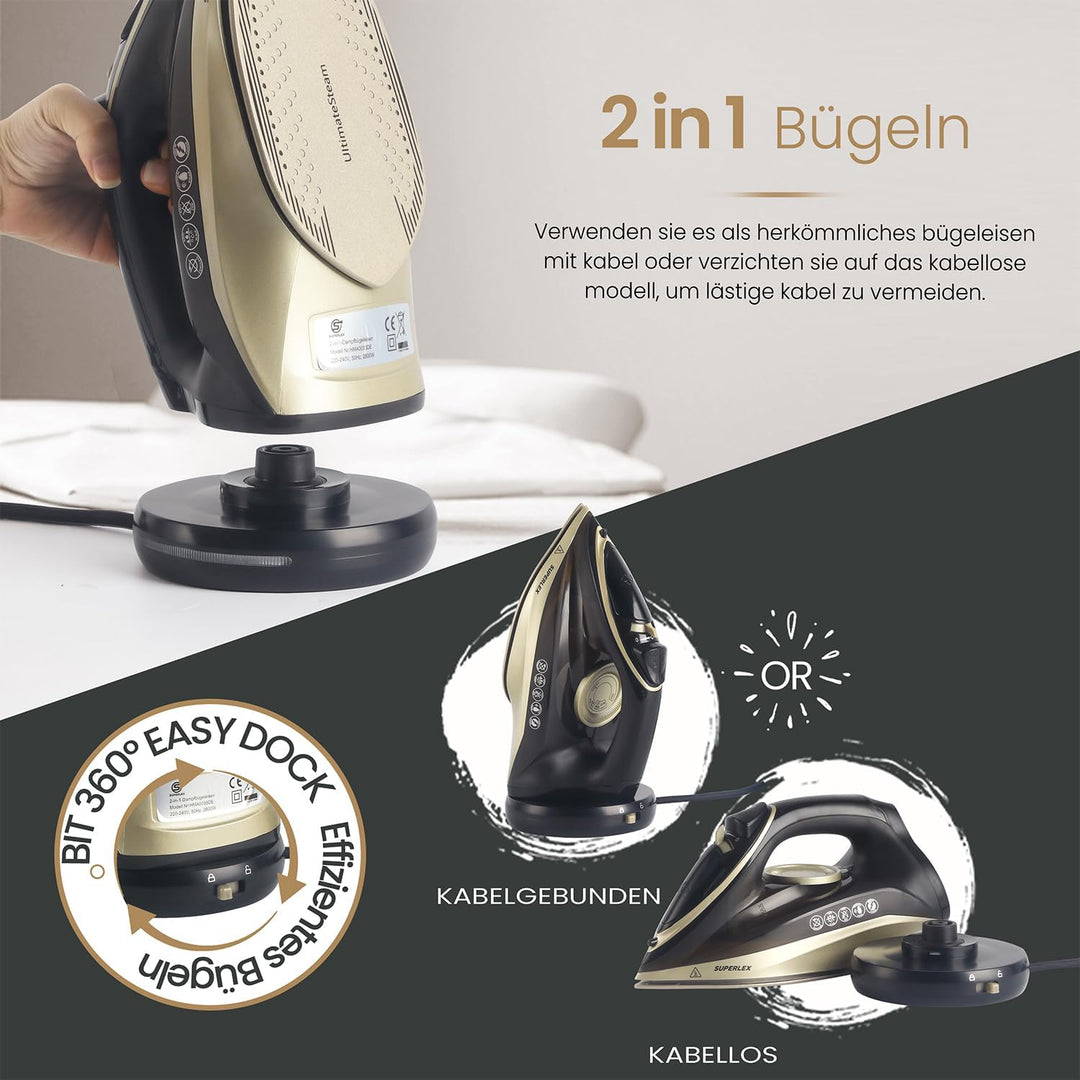 SUPERLEX Dampfbügeleisen Kabelloses 2600W, Vertikal Cordless Steam Iron Antihaftbeschichtung Keramik