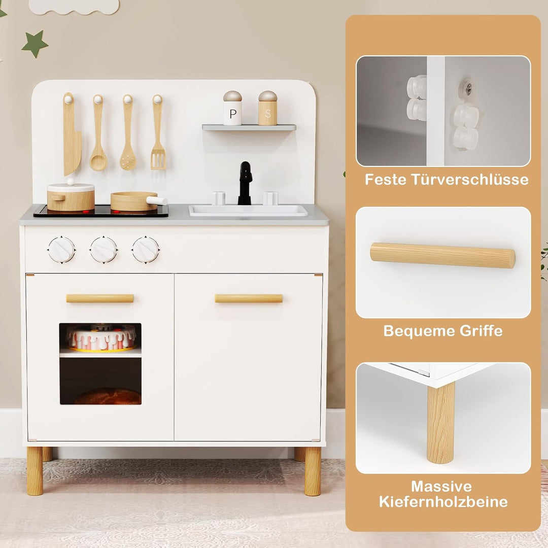 COSTWAY Kinderküche mit 10 Zubehör, Spielküche Holz mit Licht und Sound, Spielzeugküche mit Herd & S