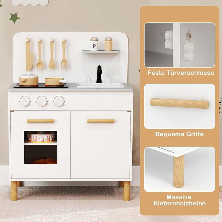 COSTWAY Kinderküche mit 10 Zubehör, Spielküche Holz mit Licht und Sound, Spielzeugküche mit Herd & S