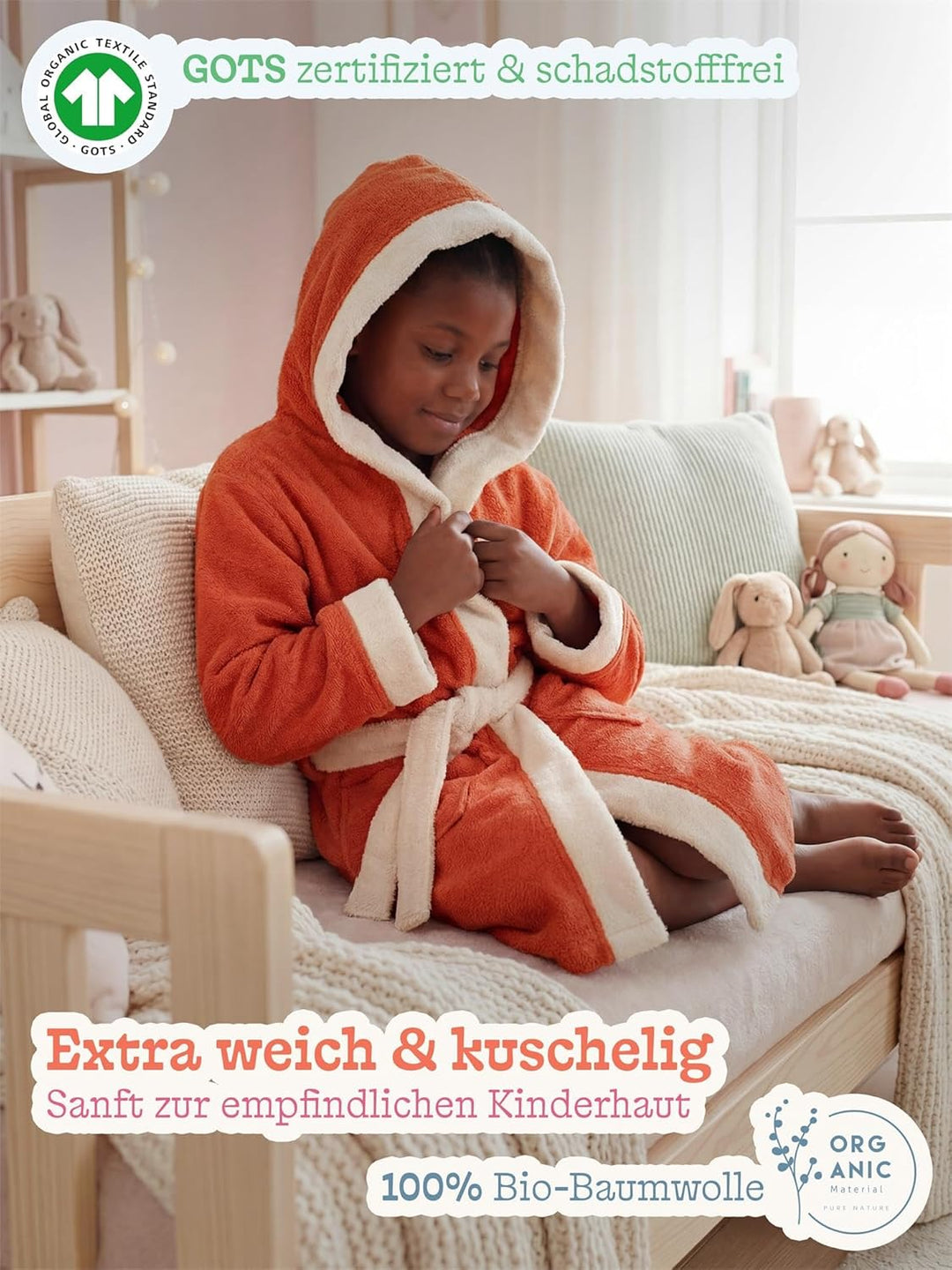 normani Kinder-Bademantel mit Kapuze aus 100% Bio-Baumwolle - für Jungen und Mädchen 134-140 Orange,