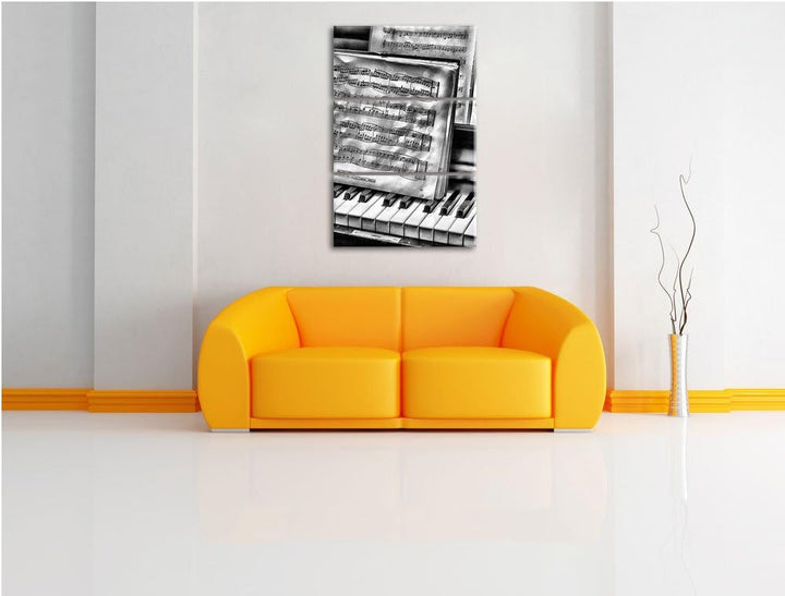 Pixxprint Monocrome, Klavier mit Notenblätter 3-Teiler Leinwandbild 120x80 Bild auf Leinwand
