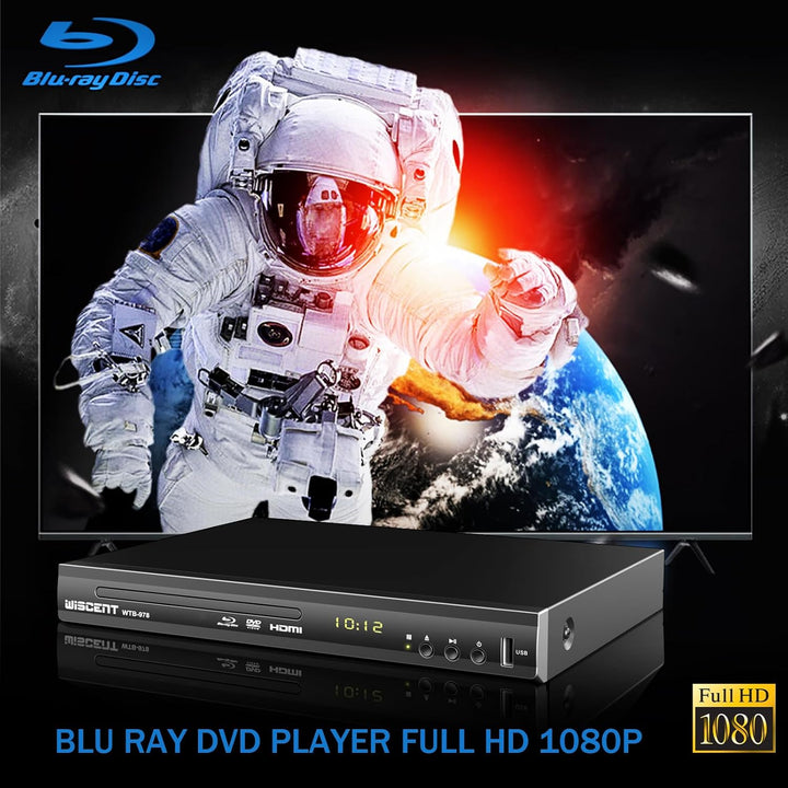 Blu-Ray Player für TV, WISCENT DVD Player mit Koaxial/HDMI/AV/Ausgang, USB-Eingang, Alle DVDs und Re