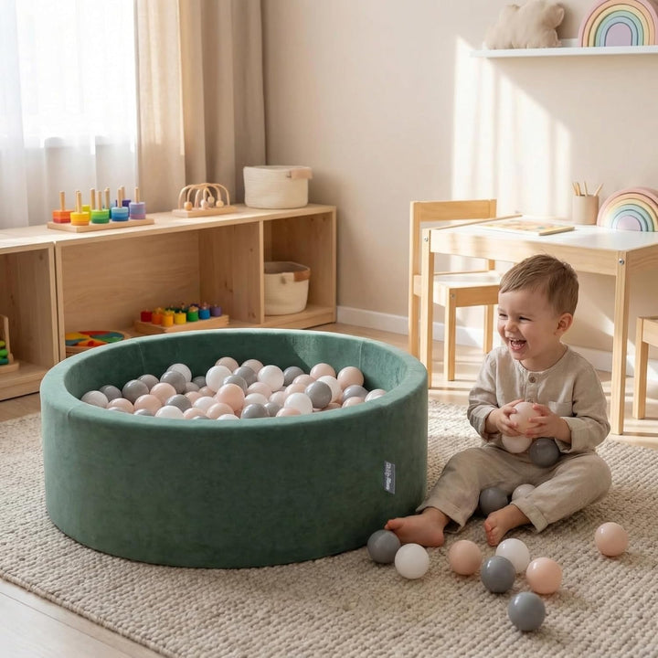 KiddyMoon Velours Bällebad Rund für Babys 90x30 mit 200 Bälle 7cm Ballgruben Sensorik Spielzeug Wald