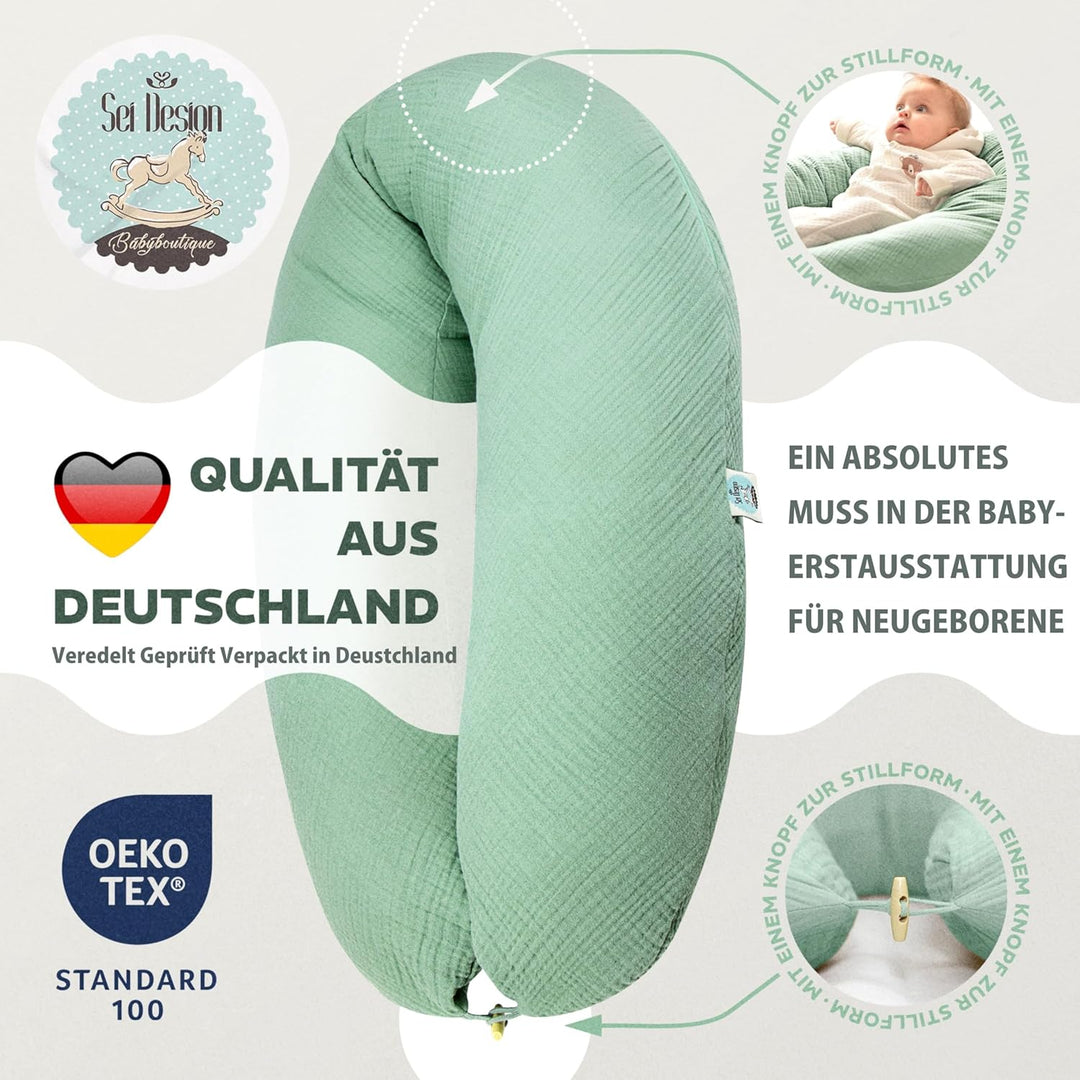sei Design XXL Stillkissen 190x35 cm mit Musselin-Bezug ergonomisch. Schwangerschaftskissen Seitensc