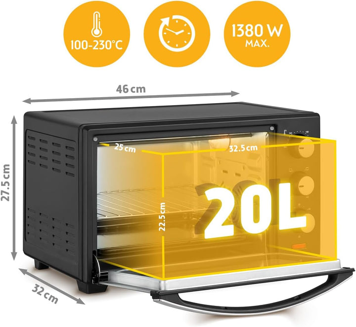 TZS First Austria - 19 Liter Minibackofen mit 1380 Watt schwarz| Unter-Oberhitze bis 230 Grad stufen