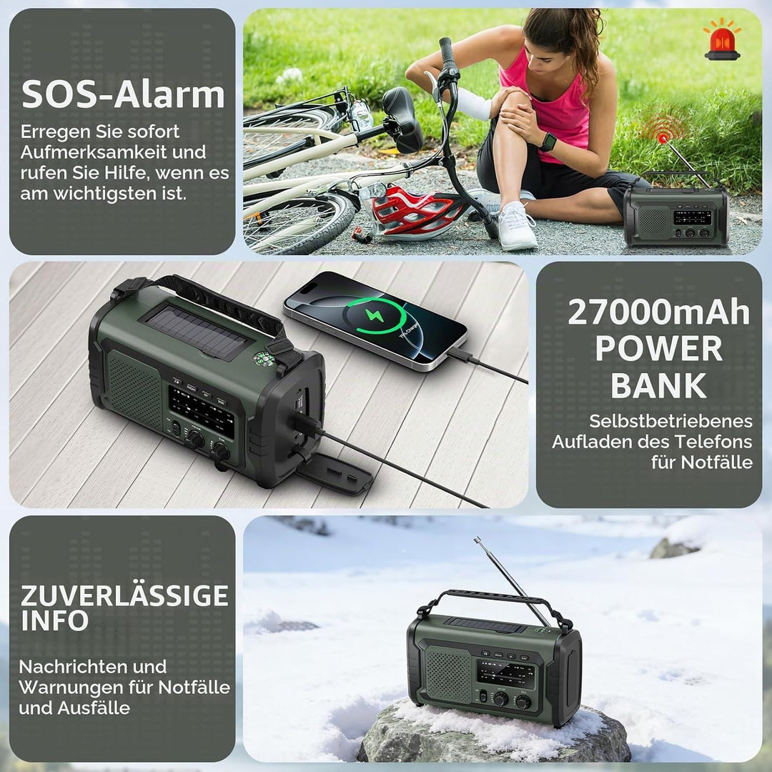 Kurbelradio 27000mAh, Notfallradio Solar Kurbel FM/AM Mit Bluetooth, SOS Alarm Emergency Radio, Kurb