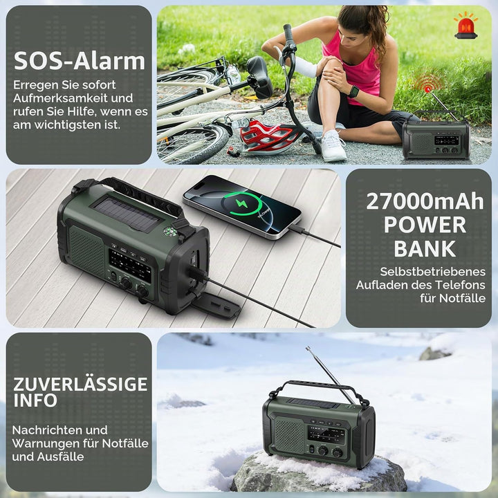 Kurbelradio 27000mAh, Notfallradio Solar Kurbel FM/AM Mit Bluetooth, SOS Alarm Emergency Radio, Kurb