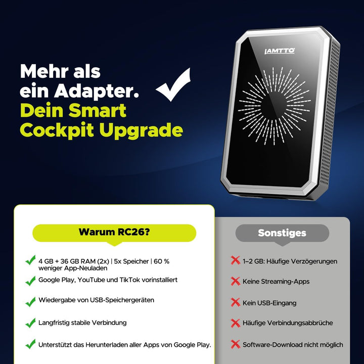 LAMTTO Wireless CarPlay Adapter AI Box mit Google Play App-Download & Gemini AI für CarPlay & Androi