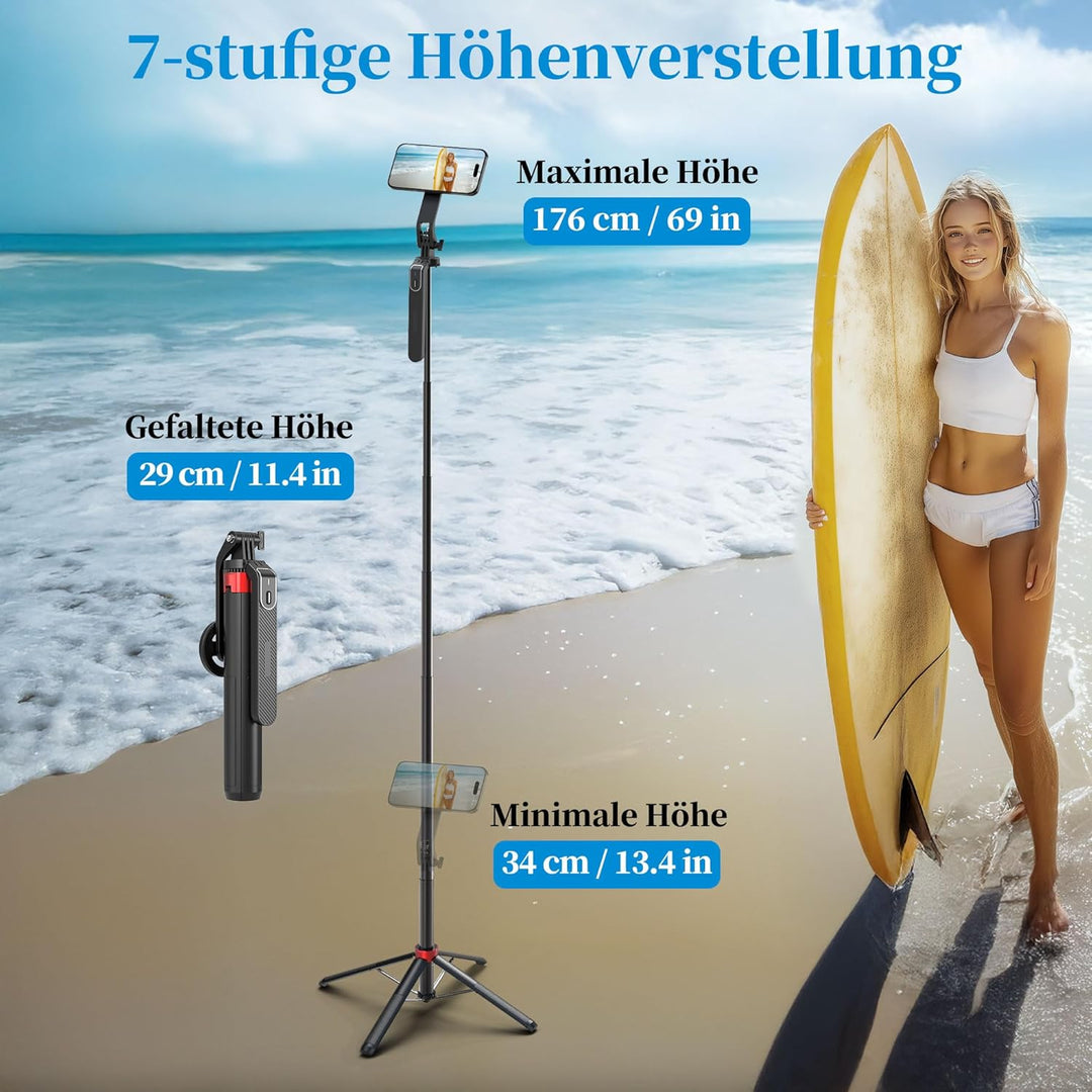 PlusAcc 176cm Magnetisches Selfie-Stativ für MagSafe - Stabile Tripod Stick Halterung & 360° drehbar