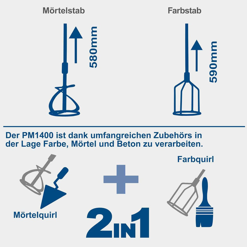 Scheppach Handrührwerk PM1400 Rührwerk Mörtelrührer Farbrührer | 1400W Leistung | 2-Gang-Getriebe mi