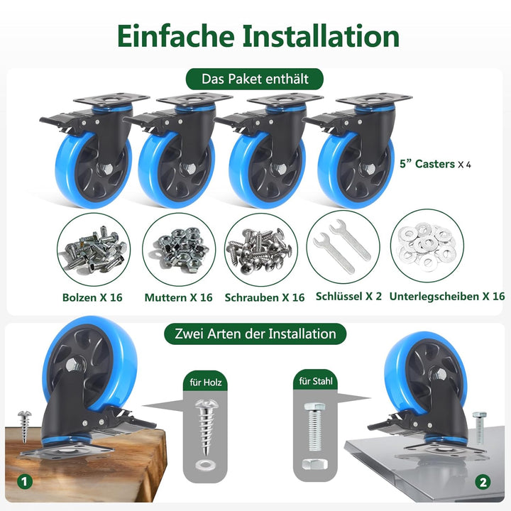 125MM Schwerlastrollen mit Bremse, 4 Stück Lenkrollen für Möbel, 360°Drehbar PU Möbelrollen Transpor