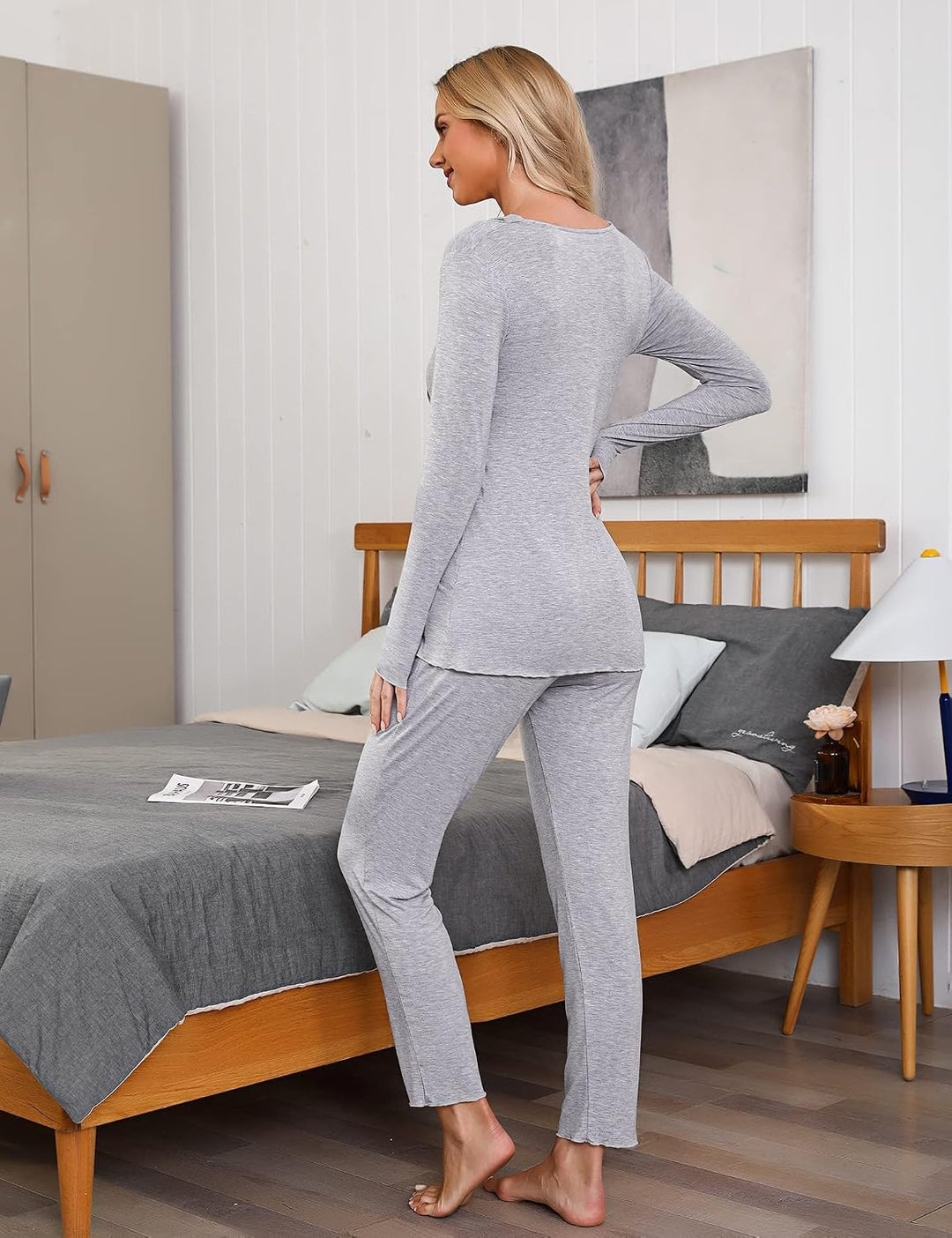 Stillpyjama Damen Lang Stillschlafanzug Baumwolle Umstandspyjama Lang Schwangerschaft Pyjama Stillfu