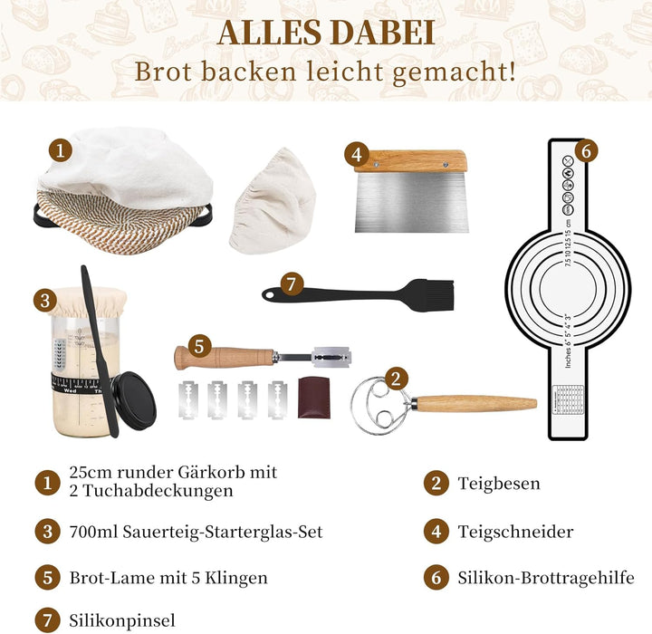 Sauerteig Starter Set, 700ml Sauerteig Glas, Baumwollseil Runde Gärkörbchen für Brot Gärkorb Brot mi