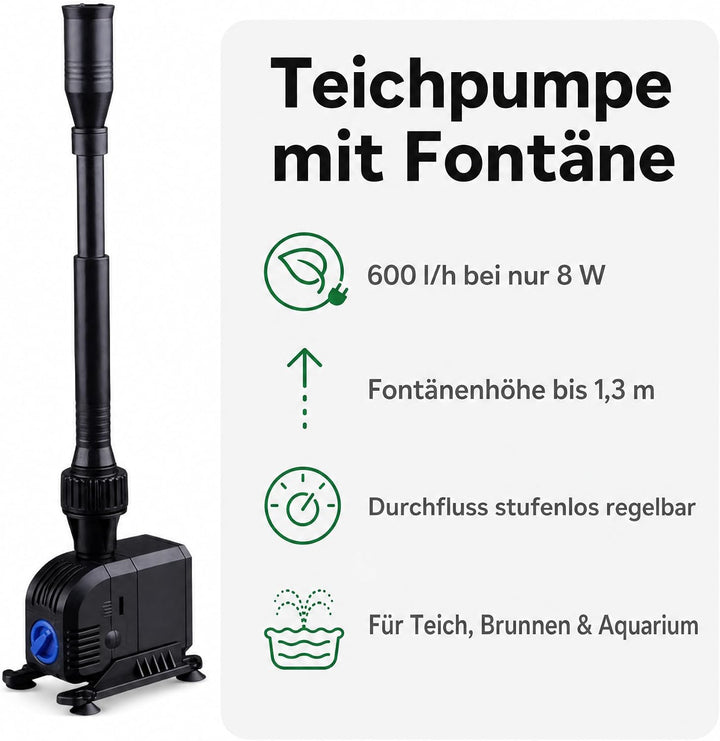 AquaOne Teichfontäne HJ 603 I Multifunktions Unterwasser Pumpe mit Fontäne 600 L/h I Springbrunnenpu