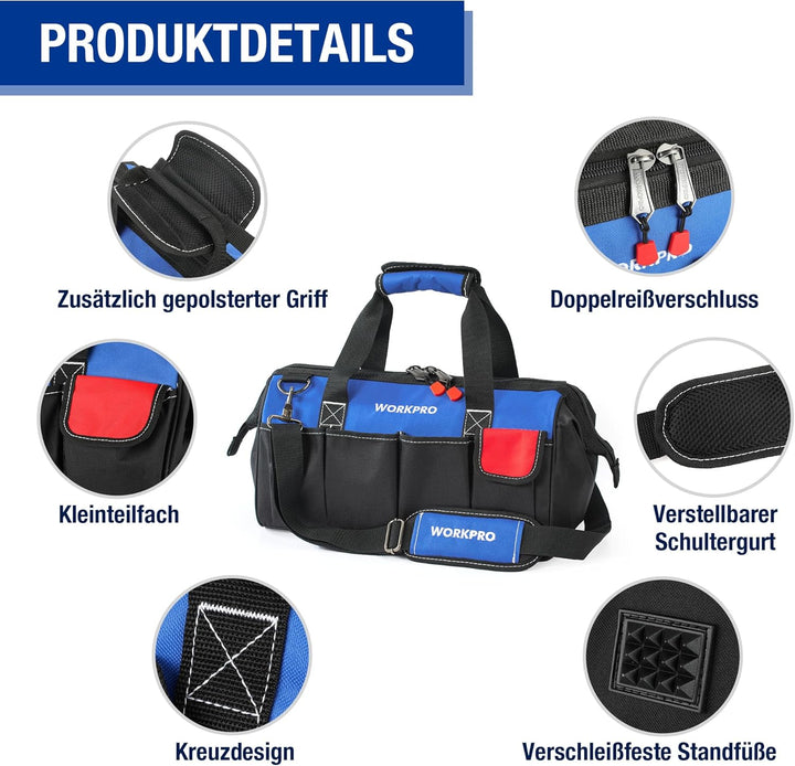 WORKPRO Werkzeugtasche Elektriker Wasserdichte Werkzeugtasche Profi, weite Öffnung & grosse Kapazitä