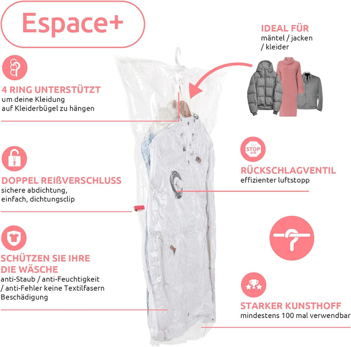 Compactor - 4er-Set Vakuumbeutel zum Aufhängen (2x M + 2x L) - Kleidung für Schrank und Garderobe ko