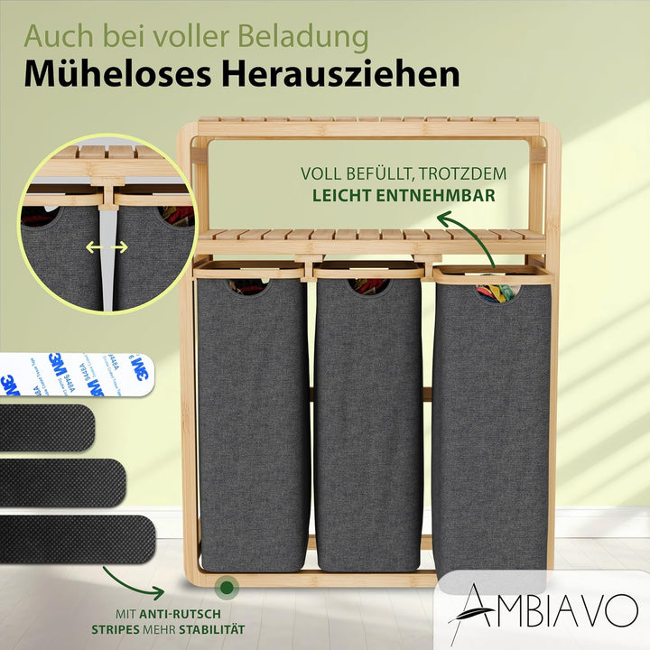 Wäschekorb 3 Fächer mit Ablage grau, 150 L Bambus · Wäschesammler mit Regal · 50 L pro Fach · heraus