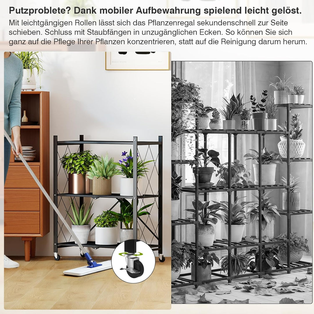 ALANNG Blumenständer mit Rädern, 3 Ablagen Stabiler Pflanzenständer, Metall Pflanzenregal Indoor Ein