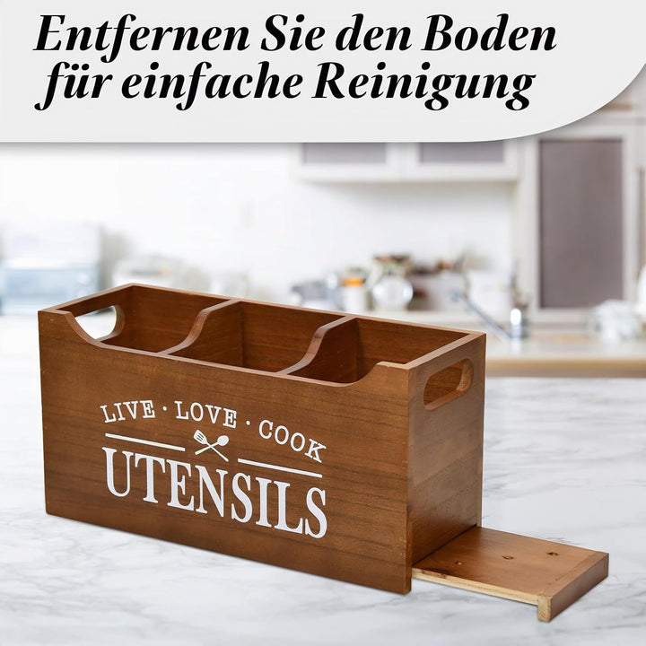 Karisky Kitchen Utensilhalter mit Drainageboden, grosse 3 Fächer fester echtes Holz Utensil Organize