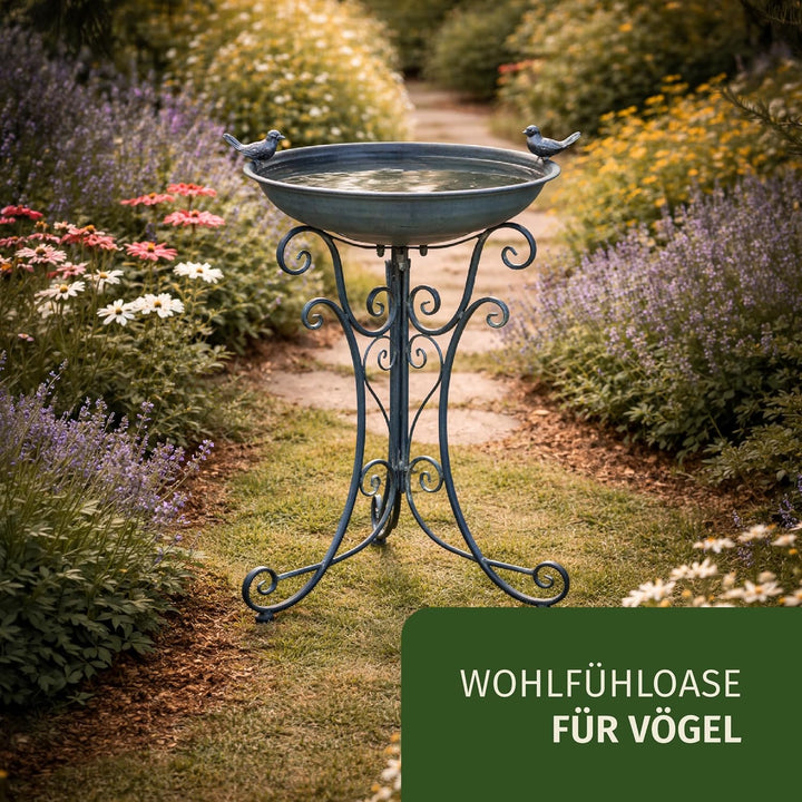 Moritz Vogeltränke Vogelbad blau mit Zwei Vögeln auf der Schale Höhe 73cm stehend Vogelbecken Wasser