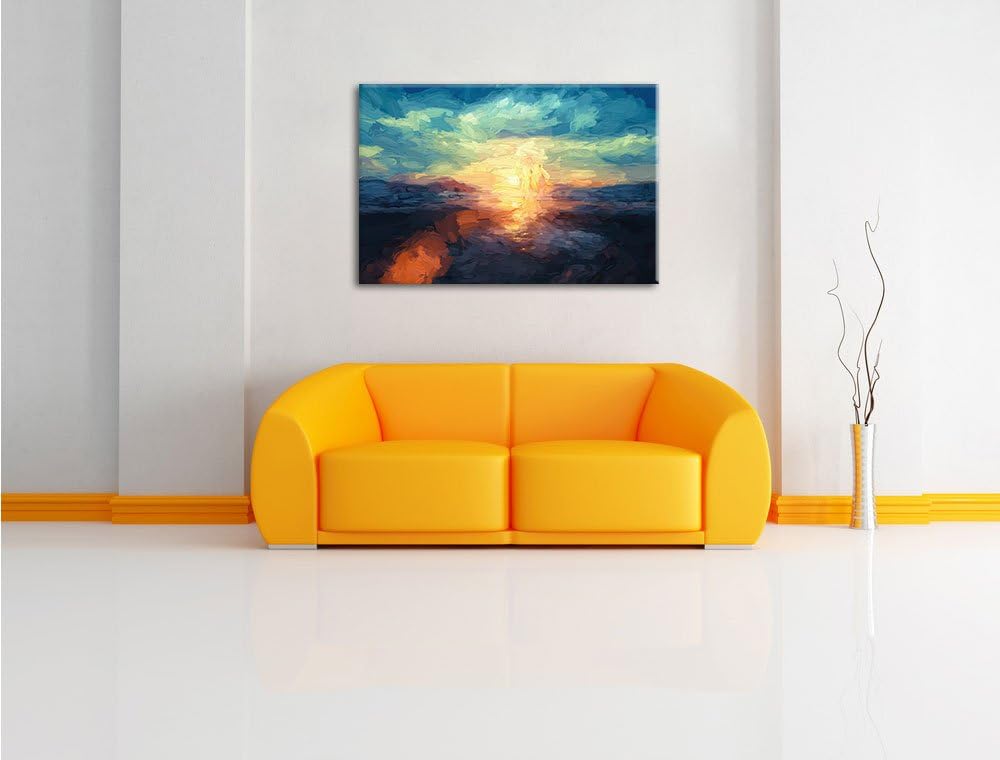 Pixxprint Yoga Silhouette bei Sonnenuntergang am Strand Kunst Pinsel Effekt, Format: 100x70 auf Lein