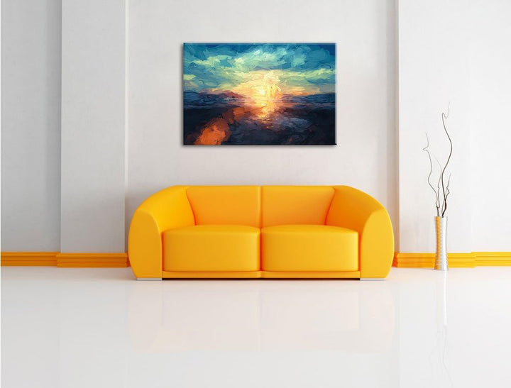 Pixxprint Yoga Silhouette bei Sonnenuntergang am Strand Kunst Pinsel Effekt, Format: 100x70 auf Lein