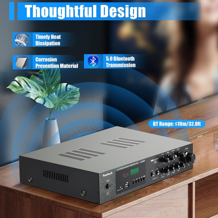 HiFi Audio Verstärker 5,1 Kanäle Bluetooth FM für Heimkino | 2 Mikrofoneingänge, SD USB RCA AUX 5.0