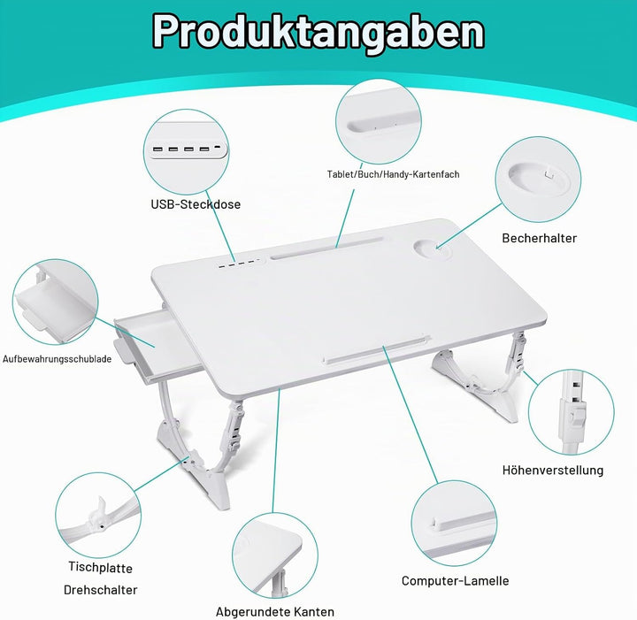 Sinbide Laptop Tisch, Klappbarer Laptoptisch, 72 * 40cm gross Desktop, Höhen Winkel verstellbar, Not