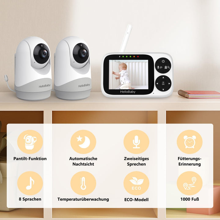 HelloBaby Babyphone mit 2 Kameras, kein WLAN, 3,2-Zoll IPS-Bildschirm | Nachtsicht, VOX-Modus, Schwe
