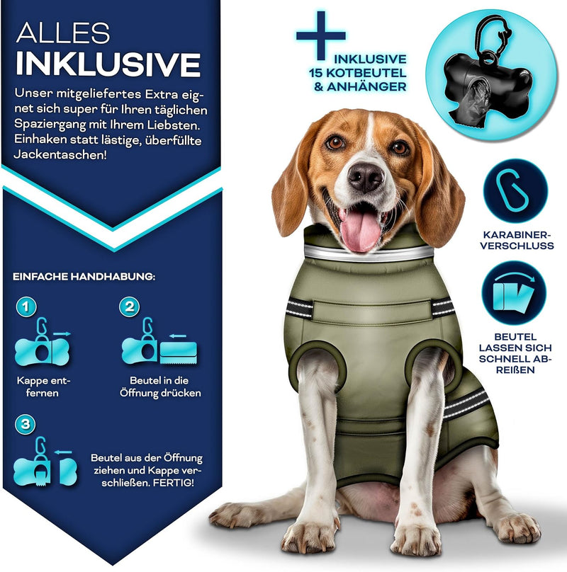 TRESKO® Hundejacke Winter mit Reflektoren inkl. 15 Stück Kotbeutel + Spender | Hunderegenmantel wass