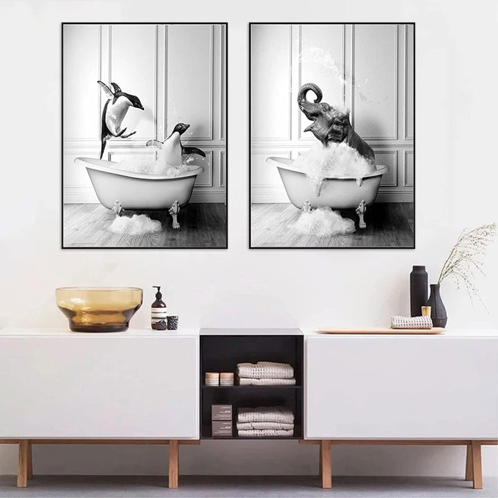 Tier Schwarz Weiss Wand Kunst Drucke, Leinwand Badezimmer Bilder Set Lustig Elefant Zebra Pinguine G